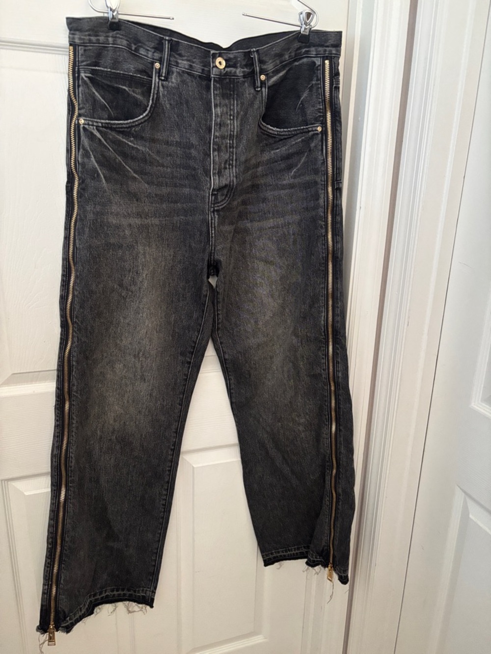 Black Men's Washed Jeans with Side Zipper Trim